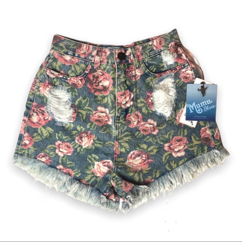 SHOW ME YOUR MUMU Denim Shorts Rose Floral Print High Waist NWT Size 25 Small